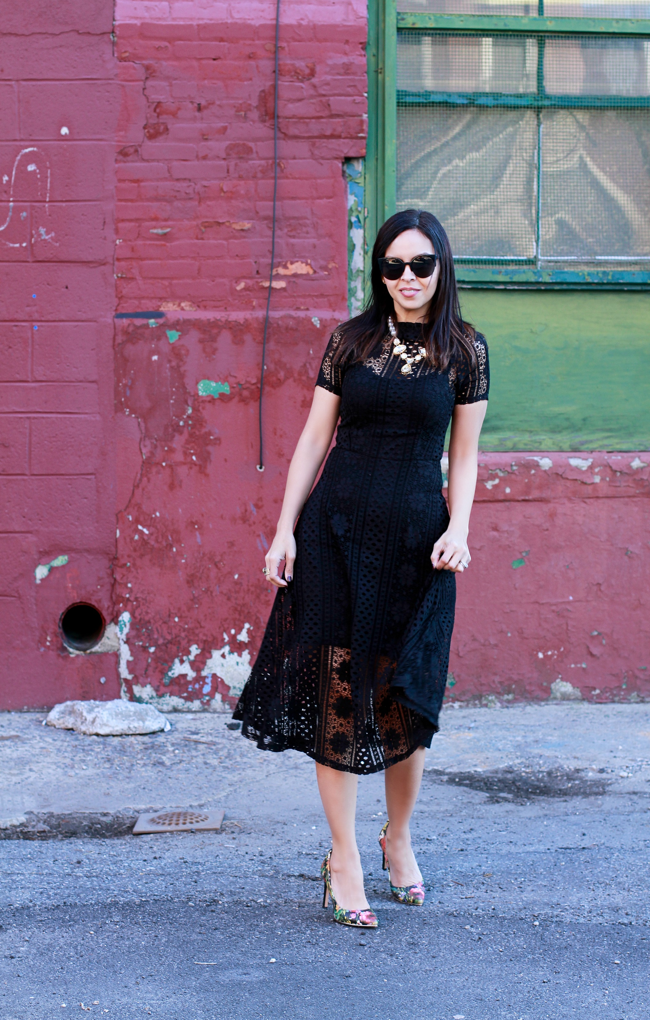 Lace Dress-Floral Pumps - Jersey Fashionista